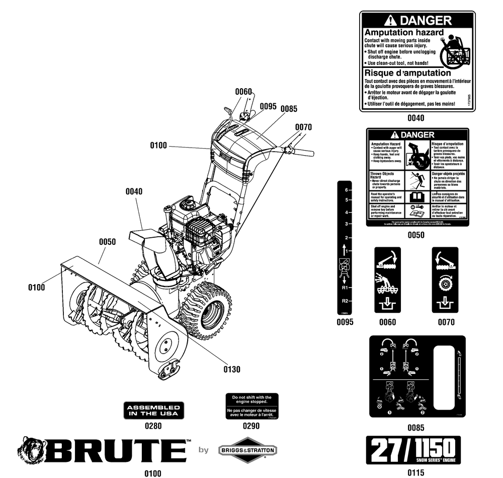 Decals Group Diagram and Parts List for 1696281-00 2012 Briggs and Stratton Snow Blower